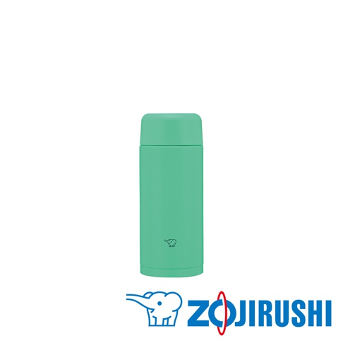 綠色0.25L不鏽鋼一體式中栓旋蓋式真空保溫保冷杯，杯身光滑，有象印標誌，搭配品牌Logo。