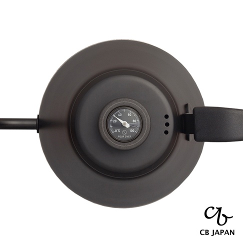 深棕色金屬測溫手沖咖啡壺，壺蓋中央嵌入一個黑色圓形溫度計，顯示刻度為攝氏 0 至 100 度，手柄為黑色。