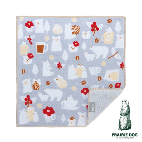 淺灰色方巾印有白色小熊、咖啡杯、咖啡豆和紅色漿果圖案，角落處可見 ima 品牌標誌。