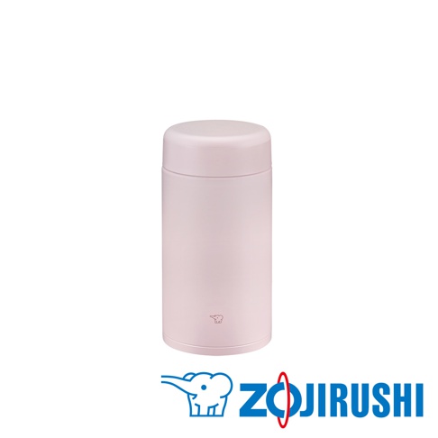 粉色不鏽鋼一體式杯蓋真空燜燒杯，有品牌象形文字標誌。