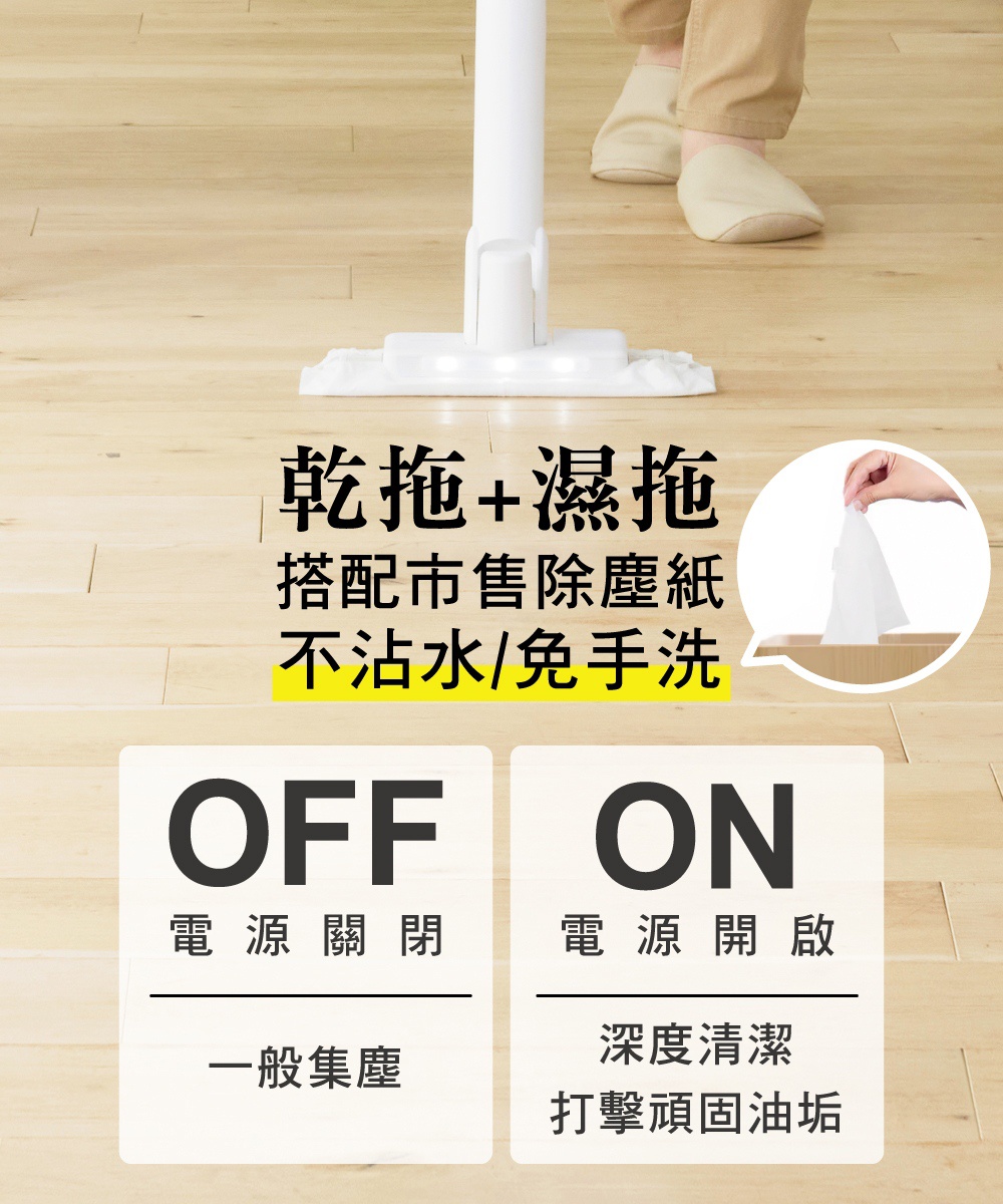 白色電動平板拖把，搭配木紋地板，展示乾拖與濕拖功能，以及電源開關與清潔模式。
