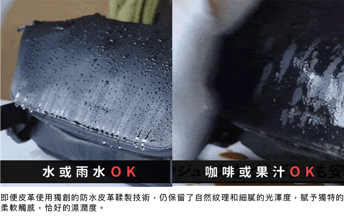 防水真皮革兩用手提後背包 LABOR mini，展示皮革表面有水珠，以及咖啡或果汁滴落的測試結果，顯示其防水防污的特性。