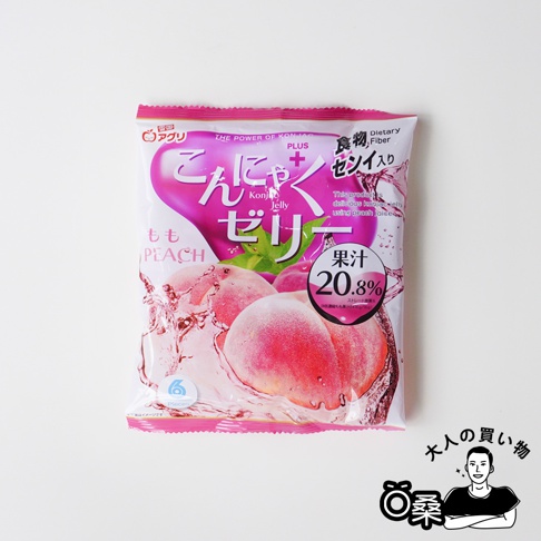 雪國蒟蒻果凍桃子口味，包裝上有桃子圖案和日文標示，標示有果汁20.8%
