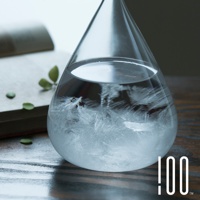 玻璃製的Tempo Drop天氣瓶(小)，瓶身為水滴狀，內含透明液體，底部有冰霜結晶。背景為打開的書籍和綠葉。