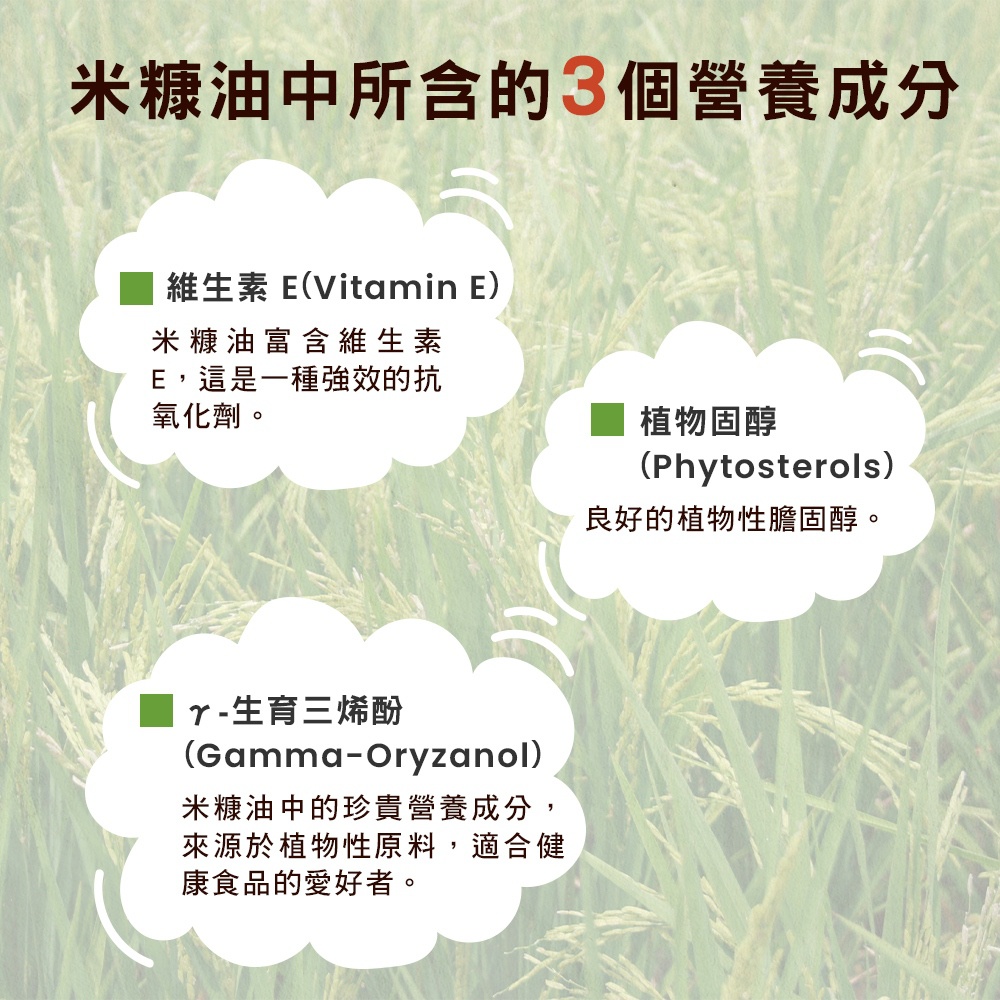 米糠油產品圖，背景為稻田，圖中有三個白色雲狀氣泡，分別介紹米糠油的營養成分：維生素E、植物固醇、γ-生育三烯酚。