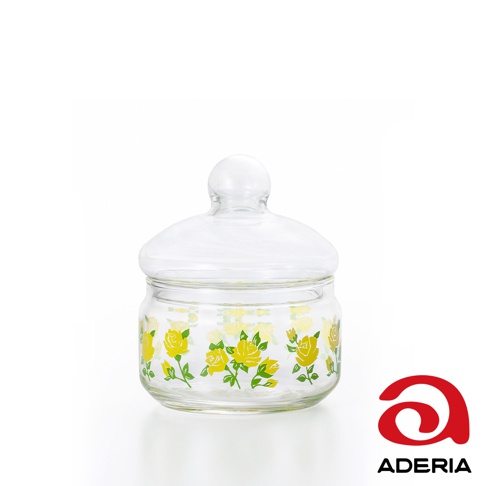 昭和復古玻璃儲物罐，小尺寸，透明玻璃材質，帶有黃色玫瑰花圖案裝飾，配有圓形把手玻璃蓋。