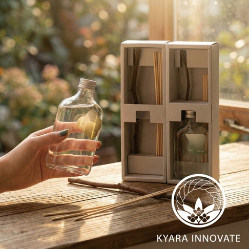 KYARA INNOVATE 品牌室內擴香產品，含檜木擴香棒與兩款擴香瓶，置於木桌上，背景為模糊的綠色植物與窗戶光線。