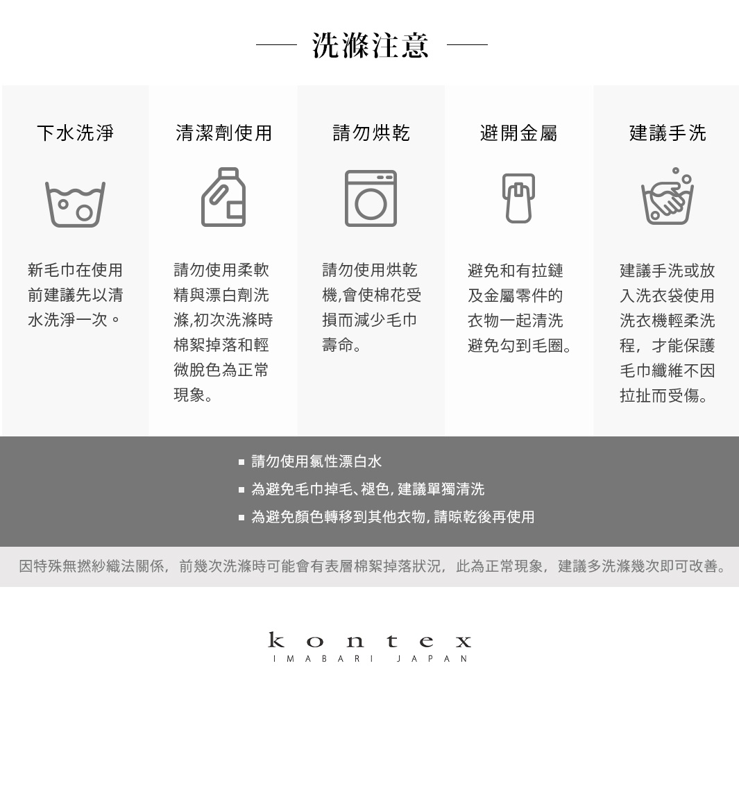 WAFFLE BORDER 今治雙織有機棉鬆餅紋毛巾的洗滌注意事項。包含下水洗淨、清潔劑使用、請勿烘乾、避開金屬、建議手洗等圖示與說明。