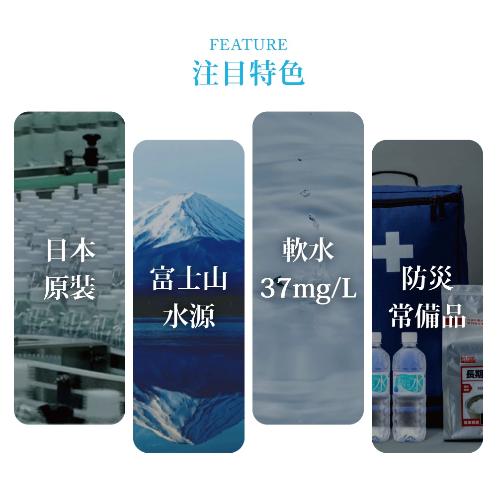 四張圖片，左起為日本原裝礦泉水瓶生產線，富士山水源，軟水37mg/L，以及藍色急救包和礦泉水。