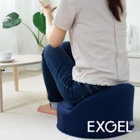 深藍色高圓坐墊，材質柔軟，帶有腰靠設計，適合居家使用。