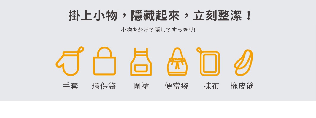 六種黃色線條圖示，分別代表手套、環保袋、圍裙、便當袋、抹布、橡皮筋，用於展示產品的使用情境。