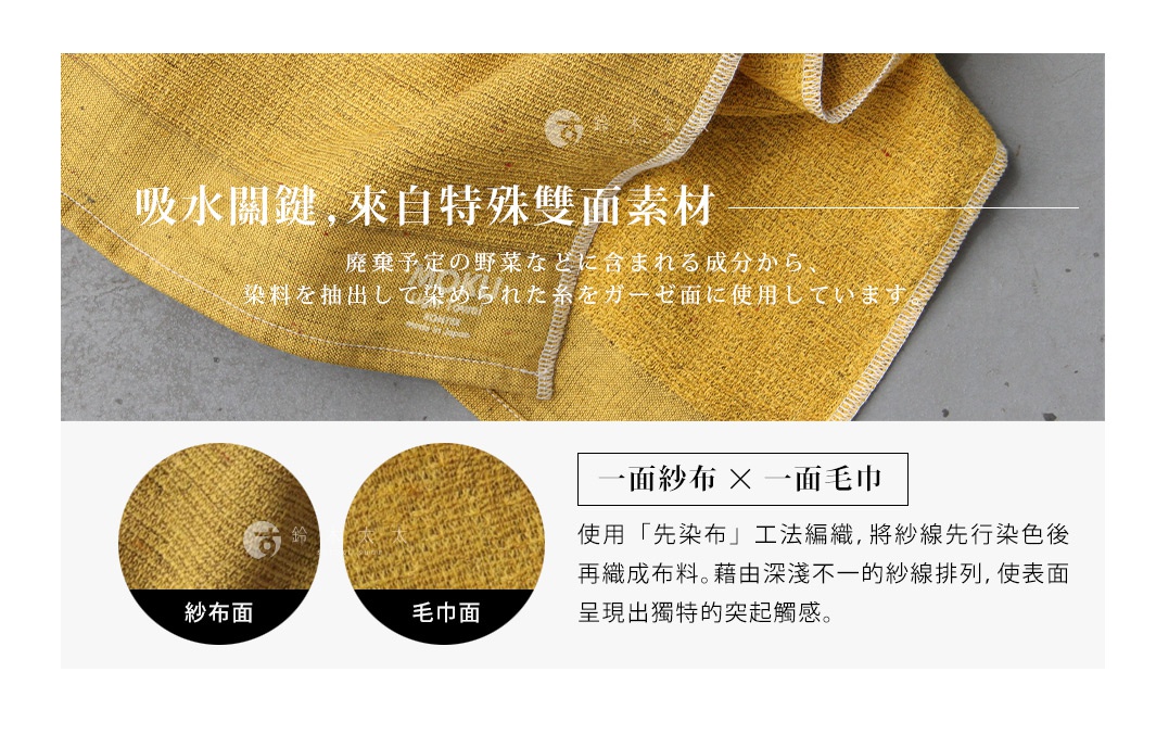 MOKU ORGANIC 有機棉食材染料長毛巾，採芥末黃色，質地為雙面材質，一面為紗布，另一面為毛巾面，織紋細緻。