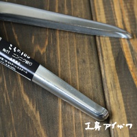 銀色鏡面拋光不鏽鋼壓蒜器，帶有黑色標籤，上面印有日文說明，材質標示為 18-8 不鏽鋼。