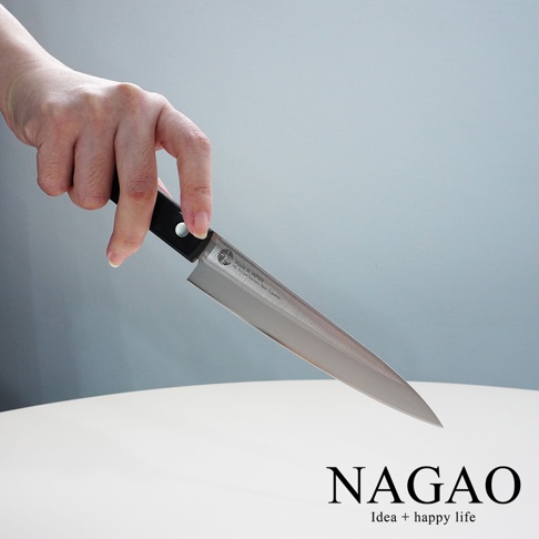 手持一把燕三條 VG-10 不鏽鋼水果刀，刀柄為黑色，刀身為銀色不鏽鋼材質，刀刃鋒利，刀身上有「MADE IN JAPAN VG-10 Core Stainless Steel 3-Layered」字樣。