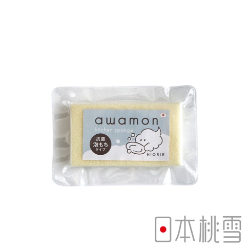 日本桃雪 awamon 廚房海綿，包裝上有可愛的卡通圖案和日文說明，顯示抗菌和泡沫持久的特性