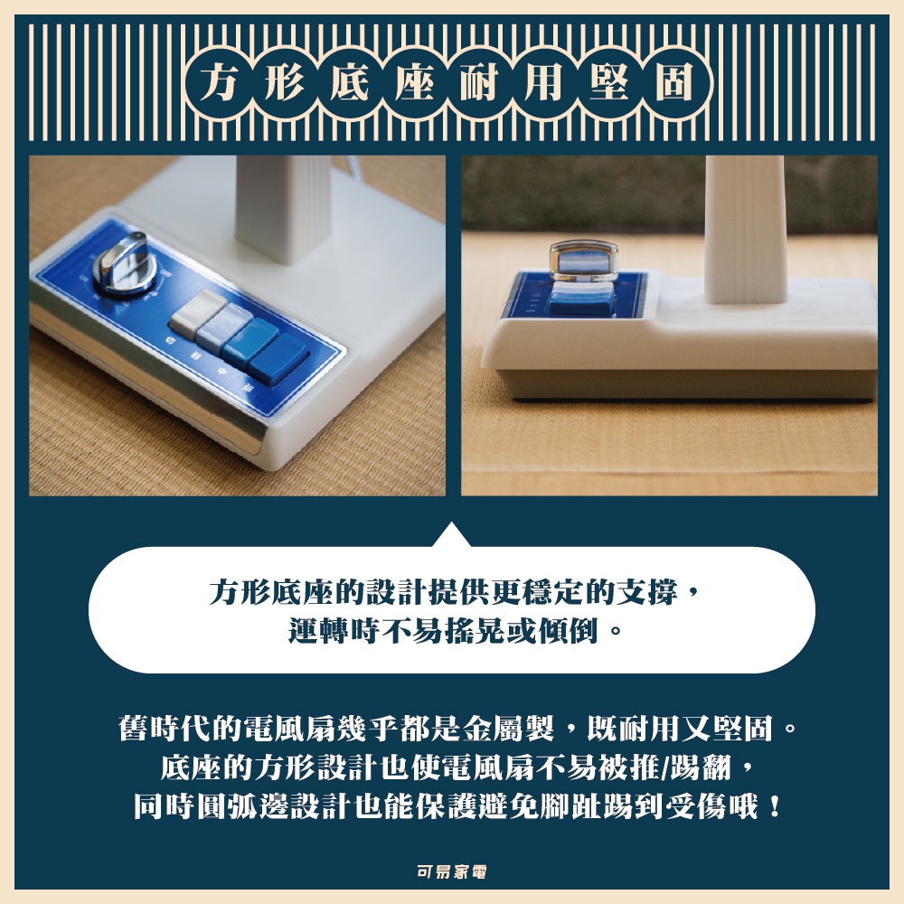 復古電風扇的方形底座特寫，顯示藍色與銀色飾條的控制面板，有旋鈕和三個按鈕。