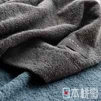 一條深灰色雙面毛圈毛巾，標有「sensui MADE IN JAPAN」字樣，疊在下方一條藍綠色毛巾上，展現細緻的織紋。