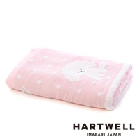 COCO醬今治純棉點點紗布浴巾，粉色，表面織有白色圓點紋及可愛的白色貴賓犬圖案，材質為純棉紗布。