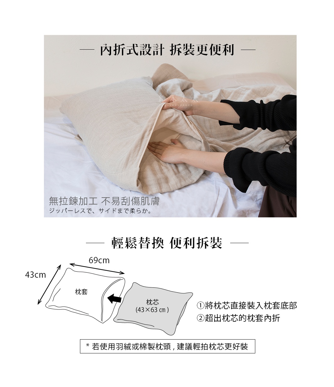 內折式設計 拆裝更便利


    無拉鍊加工，不易刮傷肌膚

ジッパーレスで、サイドまで柔らか。


