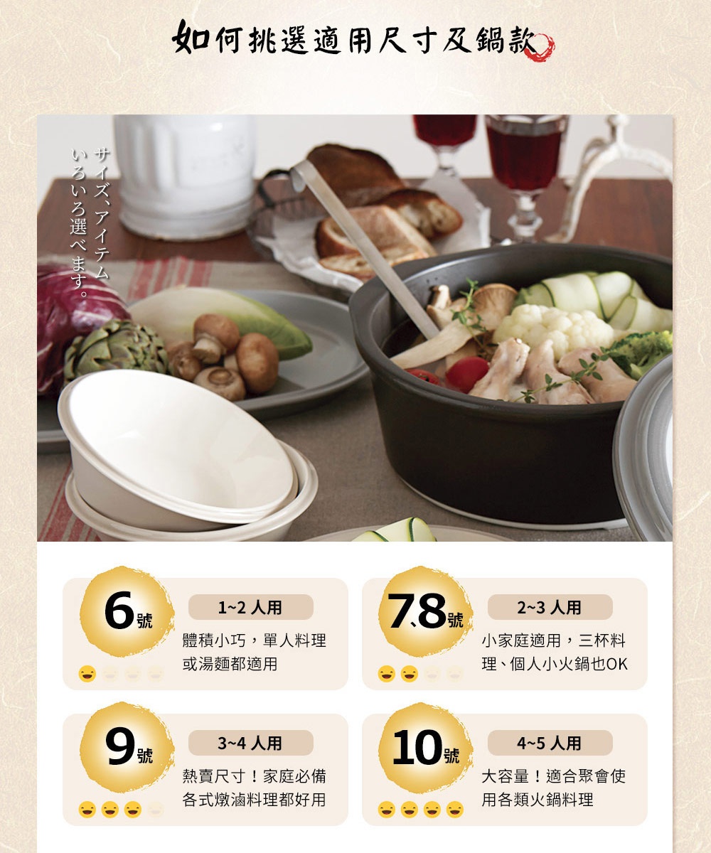 灰白色的IH系列7號和風陶土湯鍋，鍋內裝有雞肉、花椰菜、櫛瓜等食材，旁邊有麵包、蘑菇、鮮蔬，以及兩個紅色酒杯。