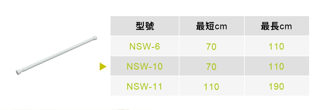 白色金屬製的內建式彈簧伸縮桿，一端有圓形止滑頭，可伸縮調整長度，旁邊為產品規格表格。