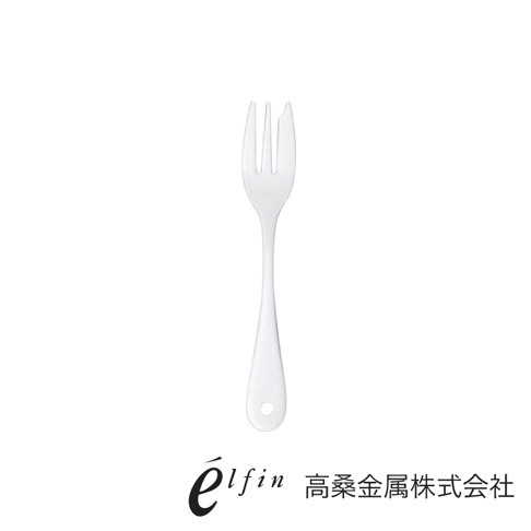 日製白琺瑯水果甜點叉，三齒設計，手柄末端有掛孔。