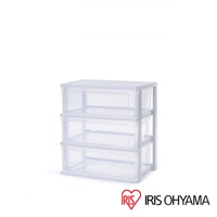 白色框架搭配三個透明抽屜的收納櫃，材質為塑膠，抽屜可抽出，適合居家收納。