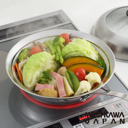 不鏽鋼蒸鍋盤盛滿各式蒸煮蔬菜，包括白菜、花椰菜、櫛瓜、番茄、蘆筍、豌豆莢，以及培根和香菇。蒸鍋盤放置於電磁爐上，底部有紅色加熱指示。