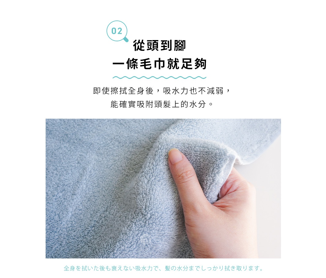 模式B：視覺描述模式 圖片左上角有數字02和中文標題，下方展示一隻手正在觸摸藍色毛巾的柔軟材質，毛巾表面有細密絨毛，看起來吸水力強。