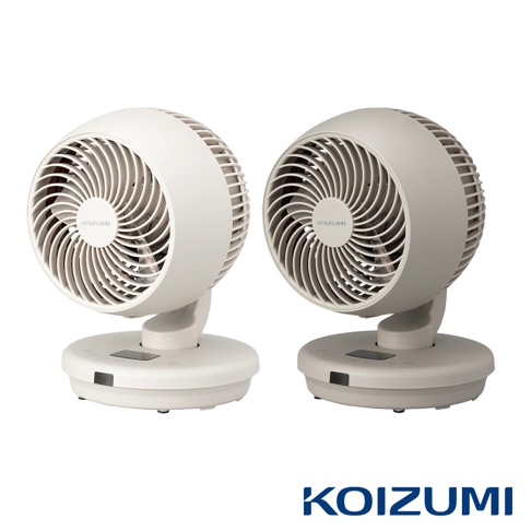 兩台鵝頸式循環扇，一台為米白色，一台為淺灰色，皆為圓形扇頭、帶有弧度的網罩及顯示面板，置於圓形底座上。