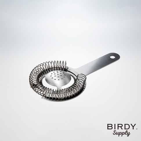 銀色不鏽鋼短柄濾酒隔冰匙，帶有圓形彈簧和帶孔的濾網。