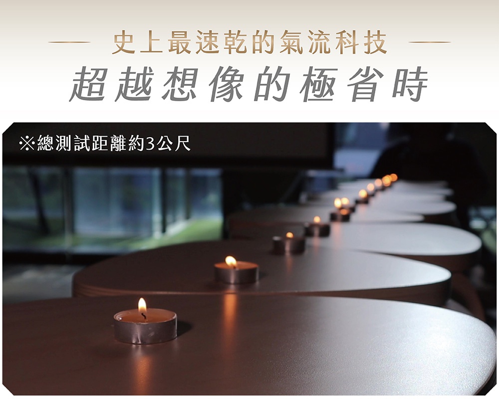日本KOIZUMI小monster雙渦輪暴風級2.0 BLDC護髮吹風機：史上最速乾的氣流科技，超越想像的極省時，總測試距離約3公尺，數排蠟燭排在心形桌面閃耀