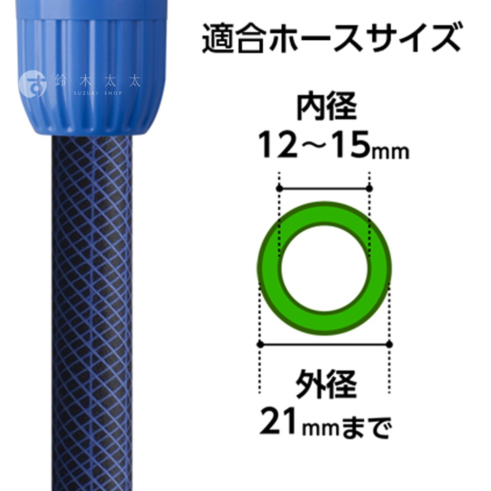 藍色塑膠接頭連接黑色網紋軟管，右側顯示適用軟管尺寸：內徑 12-15mm，外徑 21mm 以內。
