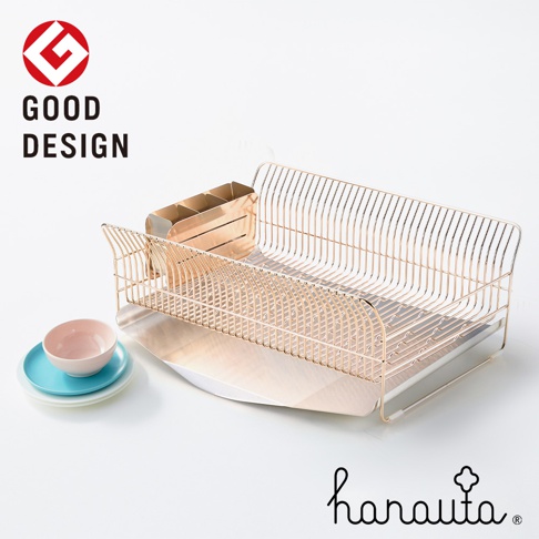 玫瑰金色不鏽鋼碗碟架，附可拆卸瀝水盤及餐具收納盒，設計簡約，適合廚房檯面使用。