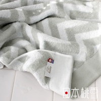 今治北歐毛巾，淺綠色調，織有層疊的幾何圖紋，材質柔軟，帶有品牌標籤。