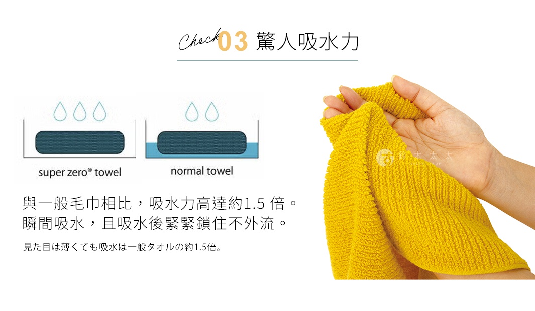 圖片文字：Check 03 驚人吸水力，左側對比圖顯示 super zero towel 與 normal towel 的吸水差異。與一般毛巾相比，吸水力高達約 1.5 倍。瞬間吸水，且吸水後緊緊鎖住不外流。見た目は薄くても吸水は一般タオルの約1.5倍。