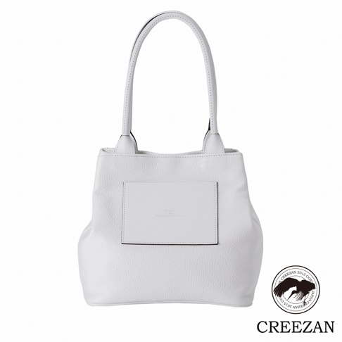 JETTER 方形托特包 CJTE-026，白色荔枝紋皮革，配有兩條提把，正面有一個同色系皮革方塊裝飾，印有品牌標誌。