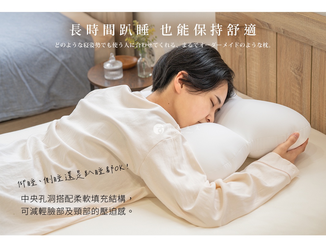 圖片文字：長時間趴睡 也能保持舒適 どのような寝姿勢でも使う人に合わせてくれる、まるでオーダーメイドのような枕。 仰睡、側睡還是趴睡都OK！ 中央孔洞搭配柔軟填充結構，可減輕臉部及頸部的壓迫感。