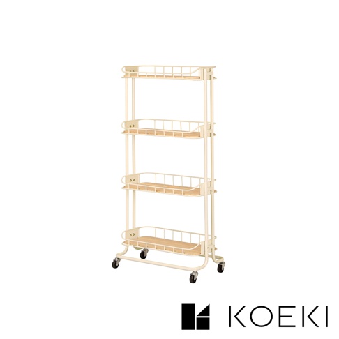 米白色四層置物收納推車，每層皆有木質層板與鐵網邊框，底部有四個萬向輪，方便移動。