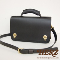 黑色皮革迷你單肩包，配有提把、金色雙扣和可調式肩帶。