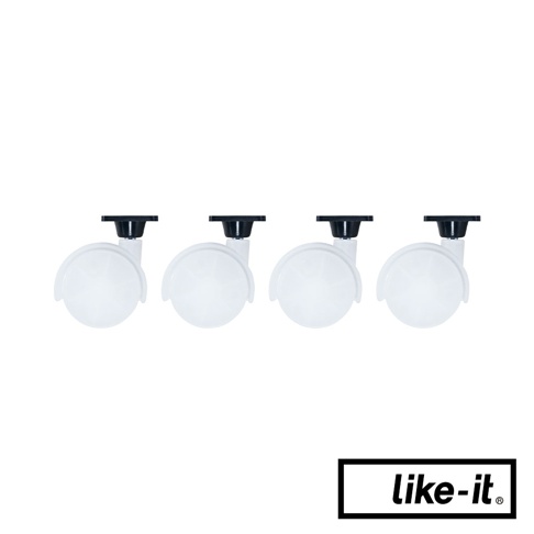 四個白色塑膠洗衣籃專用輪，每個輪子皆有黑色固定座和T型旋鈕。