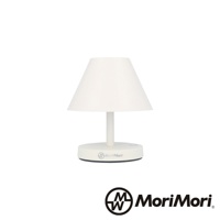 白色傘型 LED 桌燈，帶有圓形底座和圓柱形燈桿，燈罩和底座均為白色，底座上有 MoriMori 標誌。