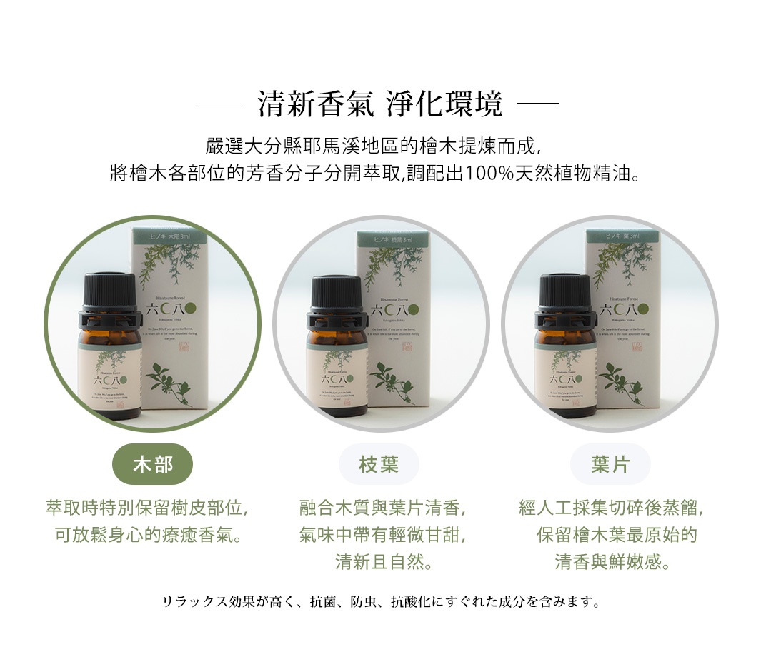  清新香氣   淨化環境

嚴選大分縣耶馬溪地區的檜木提煉而成，將檜木各部位的芳香分子分開萃取，調配出100%天然植物精油。

木部

萃取時特別保留樹皮部位，可放鬆身心的療癒香氣。

リラックス効果が高く、抗菌、防虫、抗酸化にすぐれた成分を含みます。
