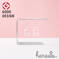 銀色不鏽鋼製三桿抹布架，上方掛有兩只透明玻璃酒杯，下方有三條平行支撐桿，簡約現代設計。