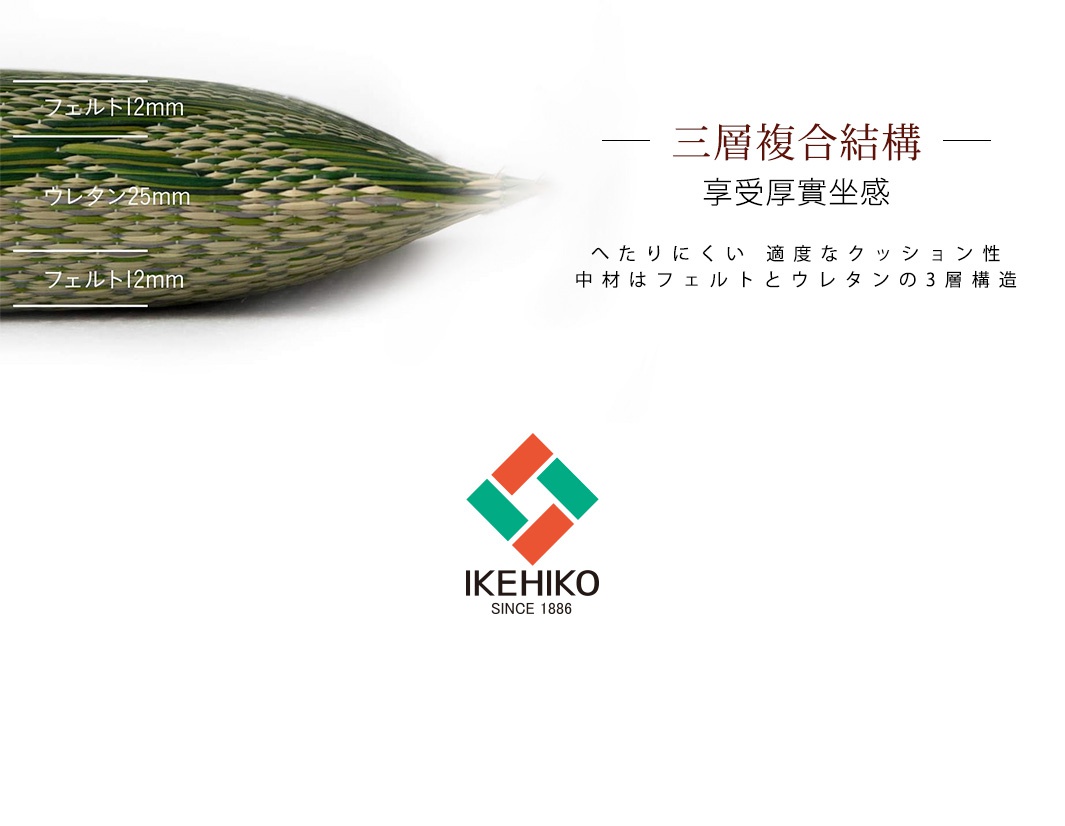 天然和風藺草紋織坐墊，細節展示三層複合結構，包含12mm的氈、25mm的聚氨酯和12mm的氈，藺草編織紋理清晰，呈現自然綠色與淺棕色交織。