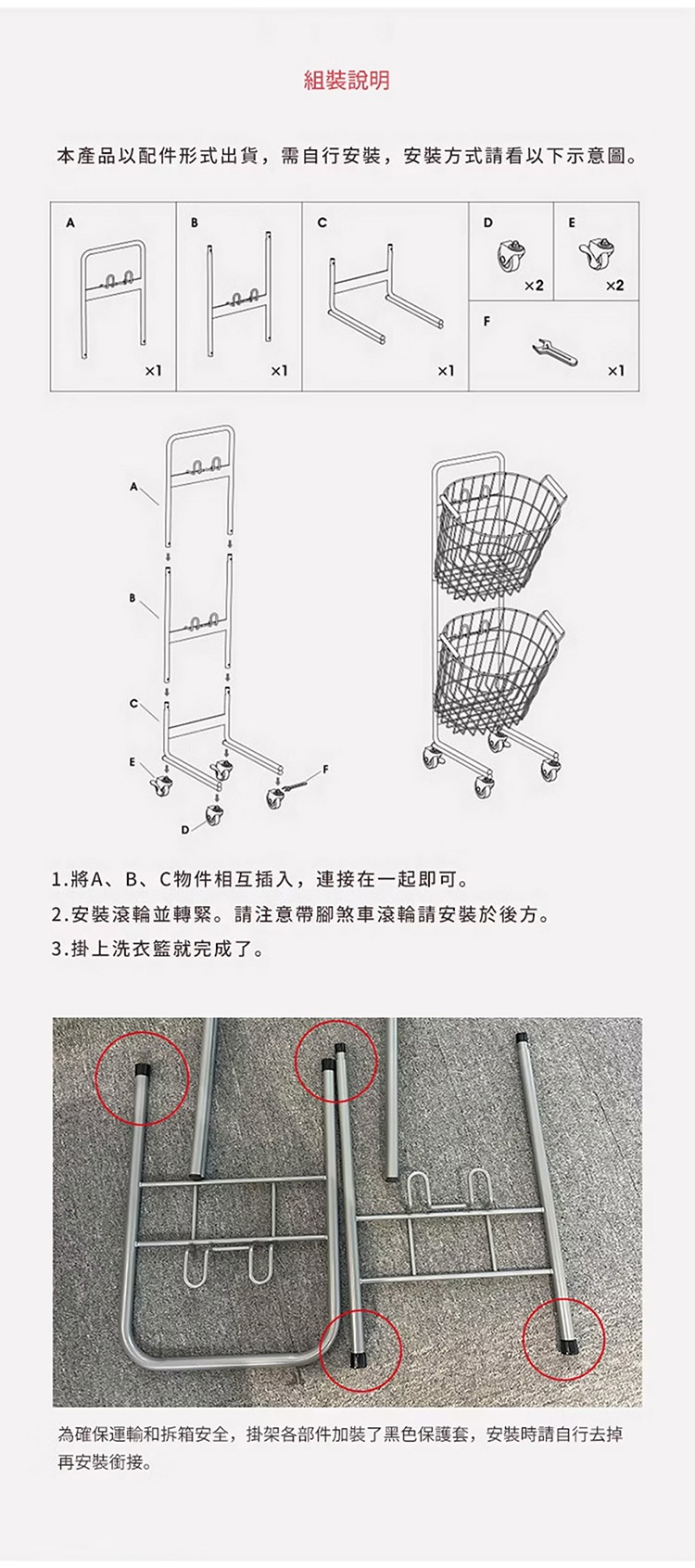 圖片文字：組裝說明。本產品以配件形式出貨，需自行安裝，安裝方式請看以下示意圖。A、B、C為支架組件，D、E為滾輪，F為板手。步驟一將A、B、C物件相互插入連接。步驟二安裝滾輪並轉緊，注意帶腳煞車滾輪安裝於後方。步驟三掛上洗衣籃即完成。為確保運輸安全，掛架各部件加裝黑色保護套，安裝時請自行去掉再安裝銜接。