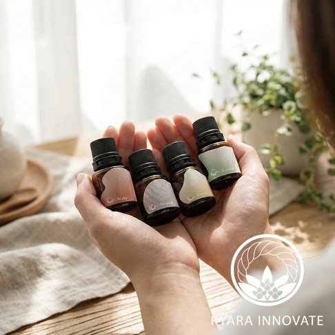 KYARA INNOVATE 品牌精油，四款香氣包含 Wake、Neutral、Focus、Refresh，以雙手捧著精油瓶。