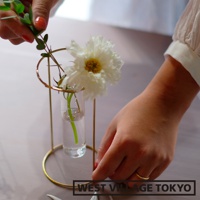 黃銅圓柱玻璃花器，內含一朵白色蓬鬆花朵和綠葉，置於簡約黃銅支架中。