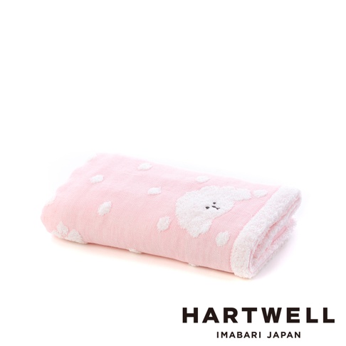 粉紅色今治純棉點點紗布毛巾，繡有白色小狗圖案，毛巾邊緣為白色絨毛。