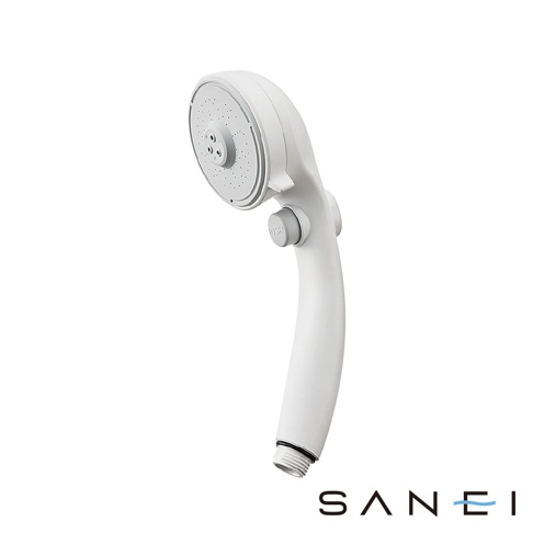 白色塑膠蓮蓬頭，帶有圓形噴水盤和一個灰色的「PUSH」按鈕。